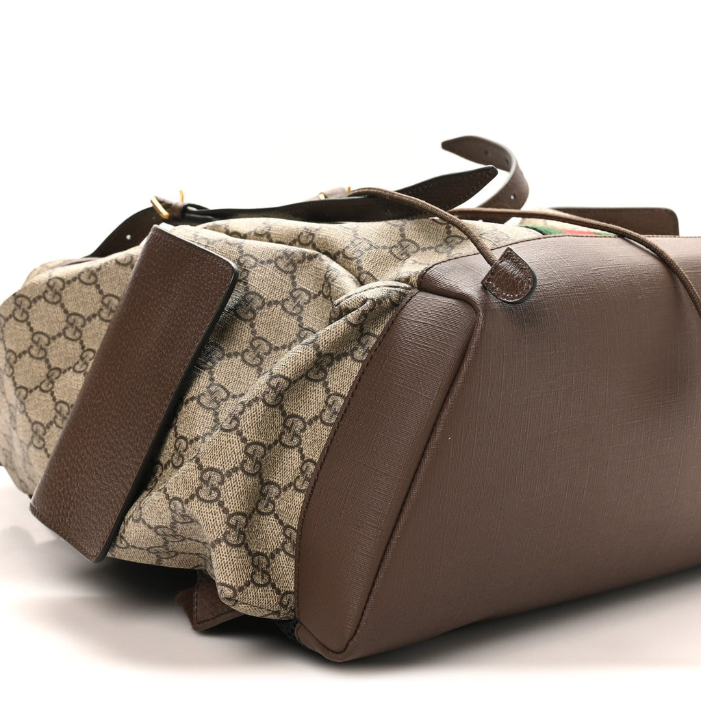 GG Supreme Monogram Medium Ophidia Double Buckle Backpack Brown