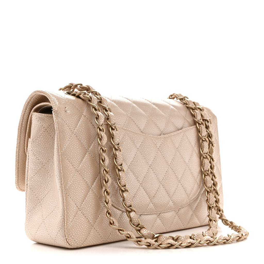 Pearly Caviar Quilted Medium Double Flap Light Beige