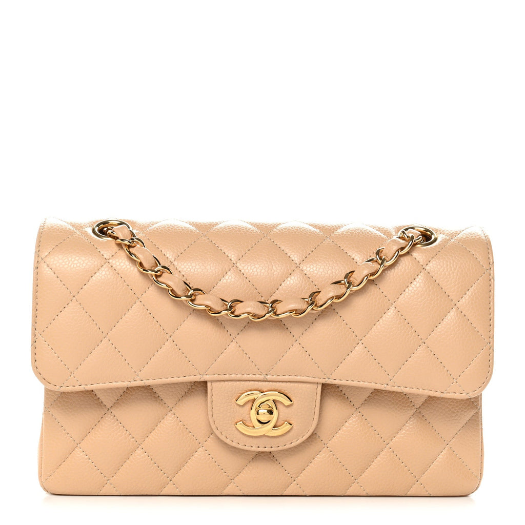 Caviar Quilted Small Double Flap Beige