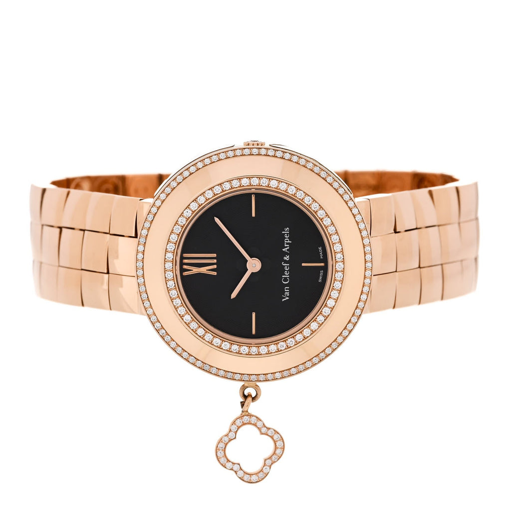18K Rose Gold Diamond Bezel 32mm Charms Quartz Watch Black
