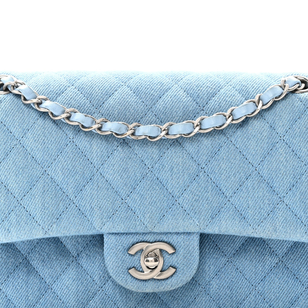 Denim Quilted Medium Double Flap Light Blue