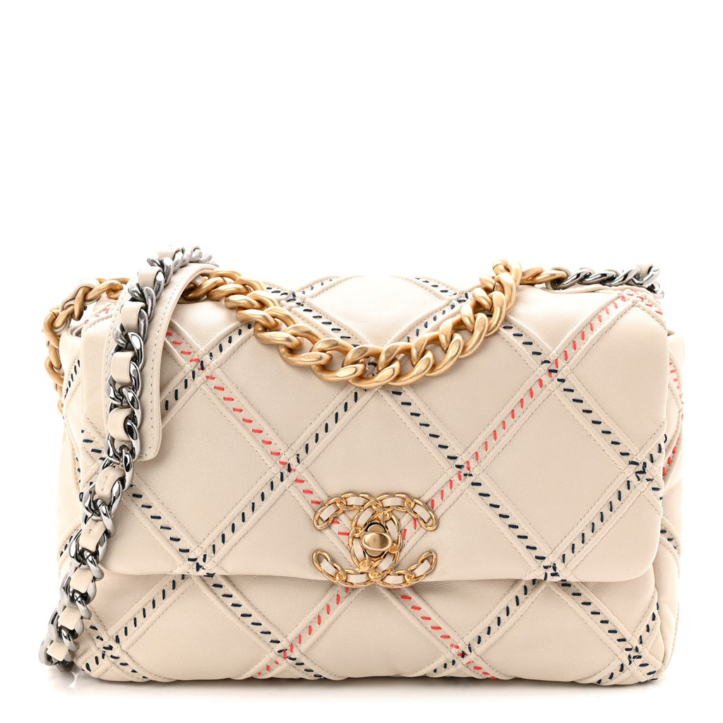 Lambskin Mixed Fibers Quilted Medium Chanel 19 Flap Beige
