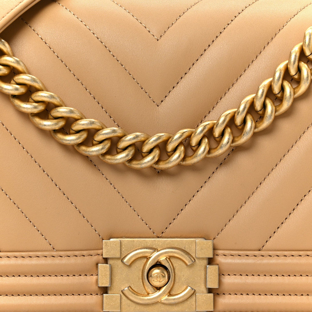 Lambskin Chevron Quilted Medium Boy Flap Beige