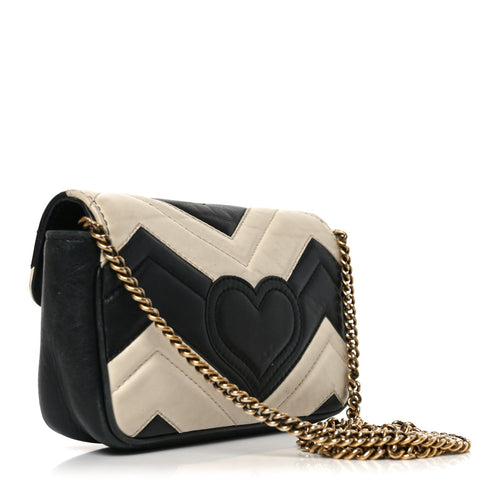Calfskin Matelasse Super Mini GG Marmont Shoulder Bag Black White