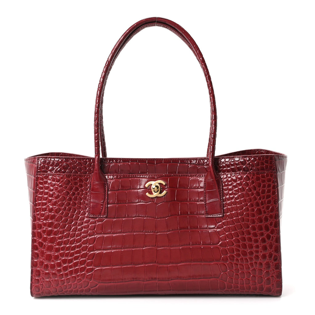 Calfskin Crocodile Embossed Archetype Small Shopper Tote Burgundy