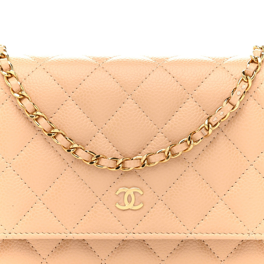 Caviar Quilted Wallet on Chain WOC Beige