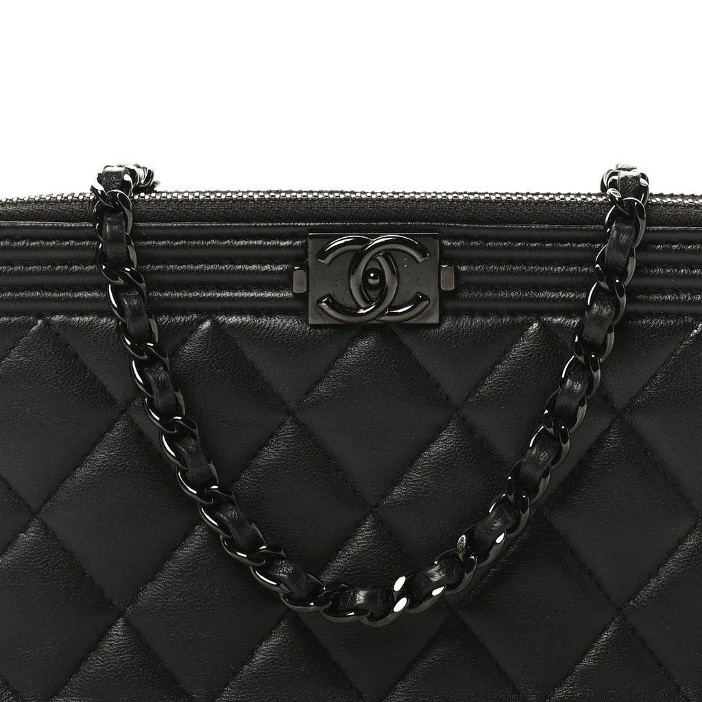 Lambskin Quilted Small Boy Clutch With Chain So Black