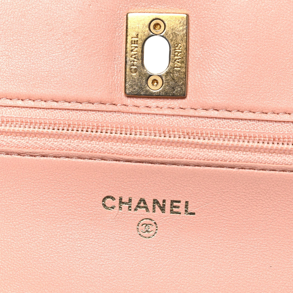 Lambskin Quilted CC Pearl Crush Wallet on Chain WOC Light Orange