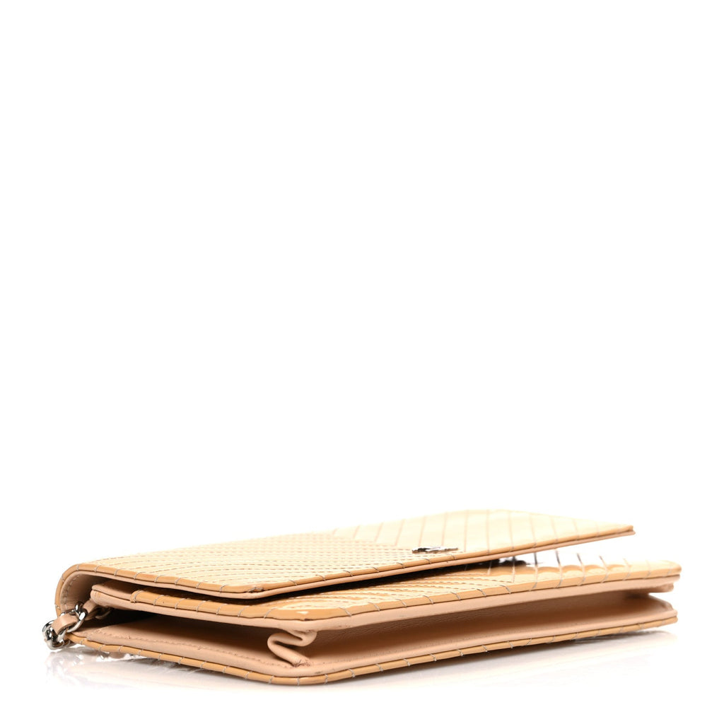 Patent Calfskin Chevron Quilted Wallet On Chain WOC Beige