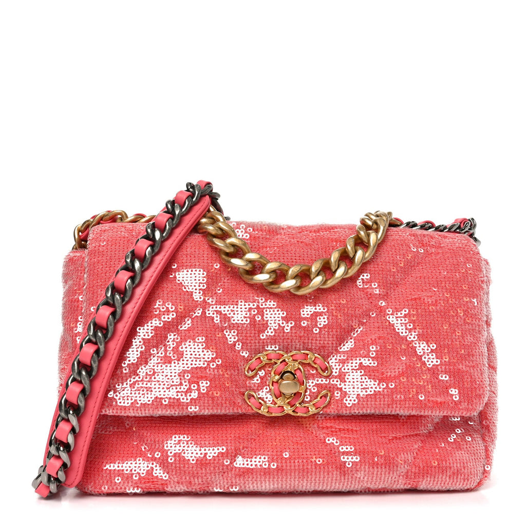 Sequin Quilted Medium Chanel 19 Flap Coral