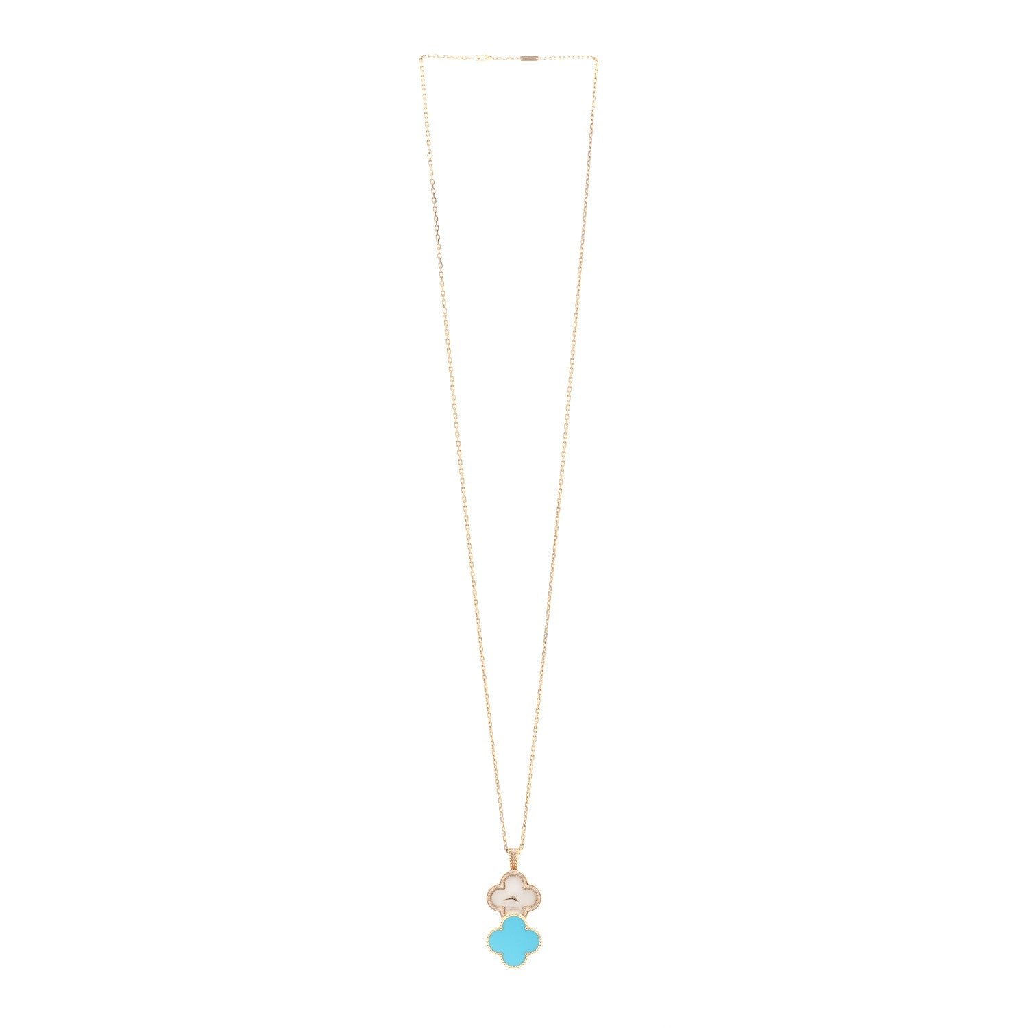 18K Yellow Gold Diamond Turquoise Mother of Pearl 28mm Alhambra Secret Pendant Quartz Watch