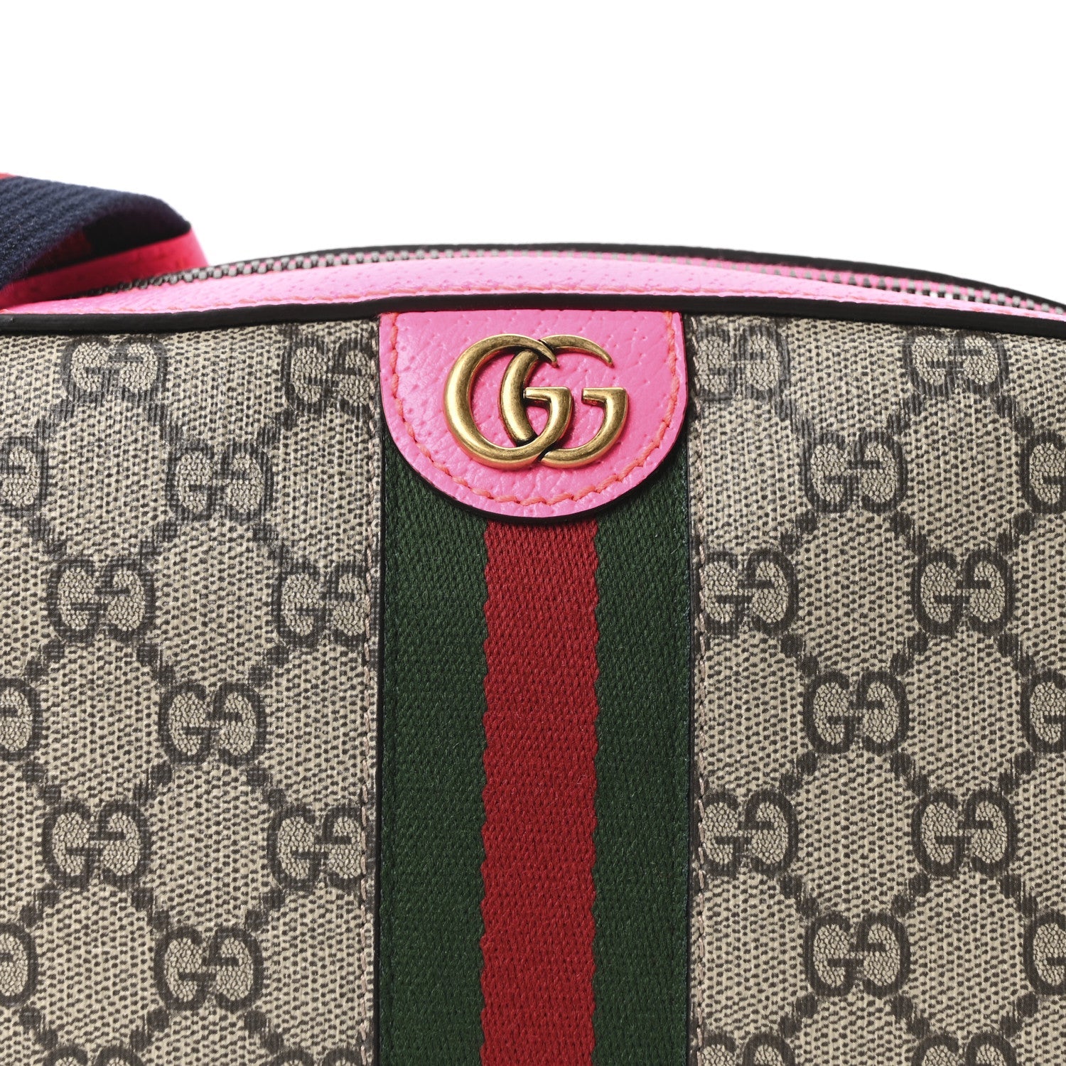GG Supreme Monogram Textured Dollar Calfskin Web Ophidia Small Crossbody Bag Beige Ebony Fuchsia