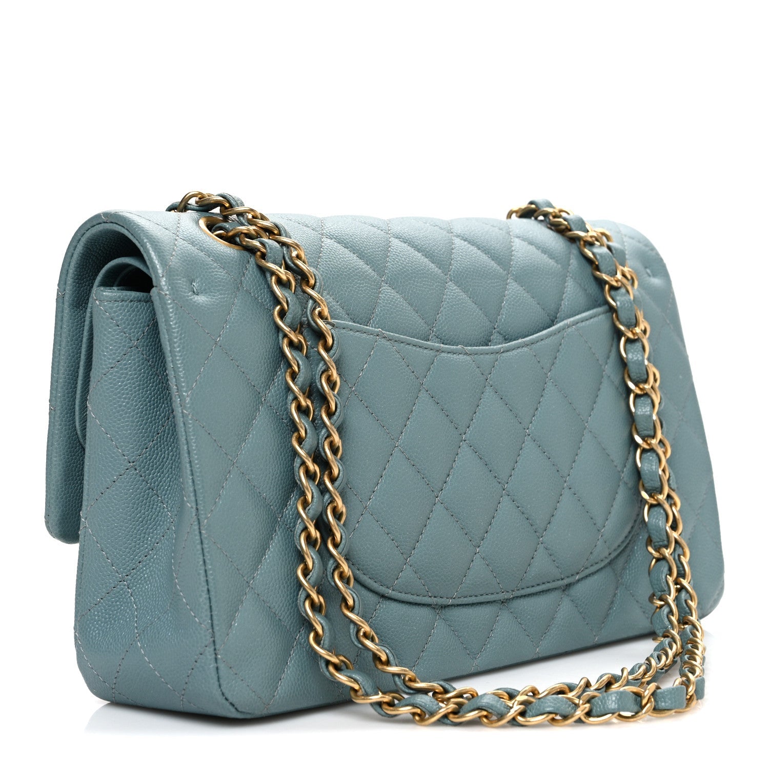 Iridescent Caviar Quilted Medium Double Flap Light Blue