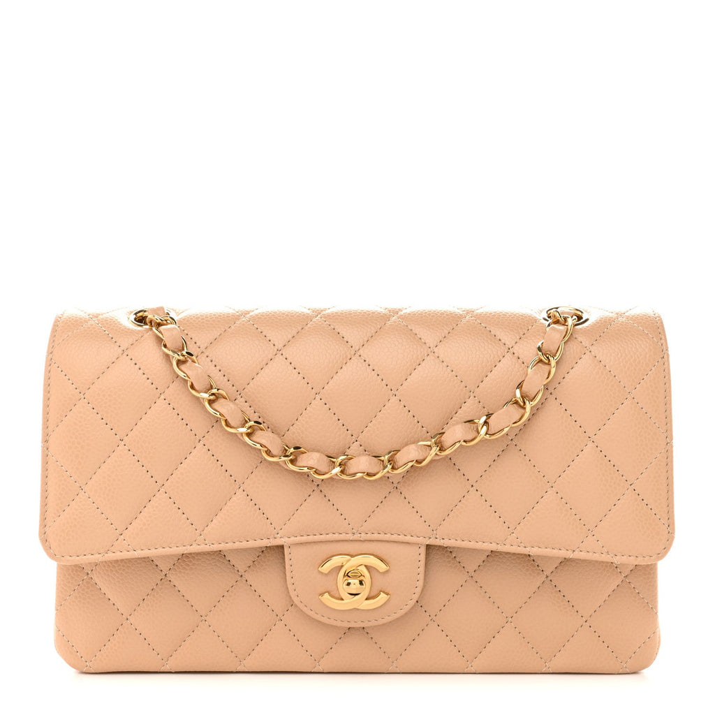 Caviar Quilted Medium Double Flap Beige