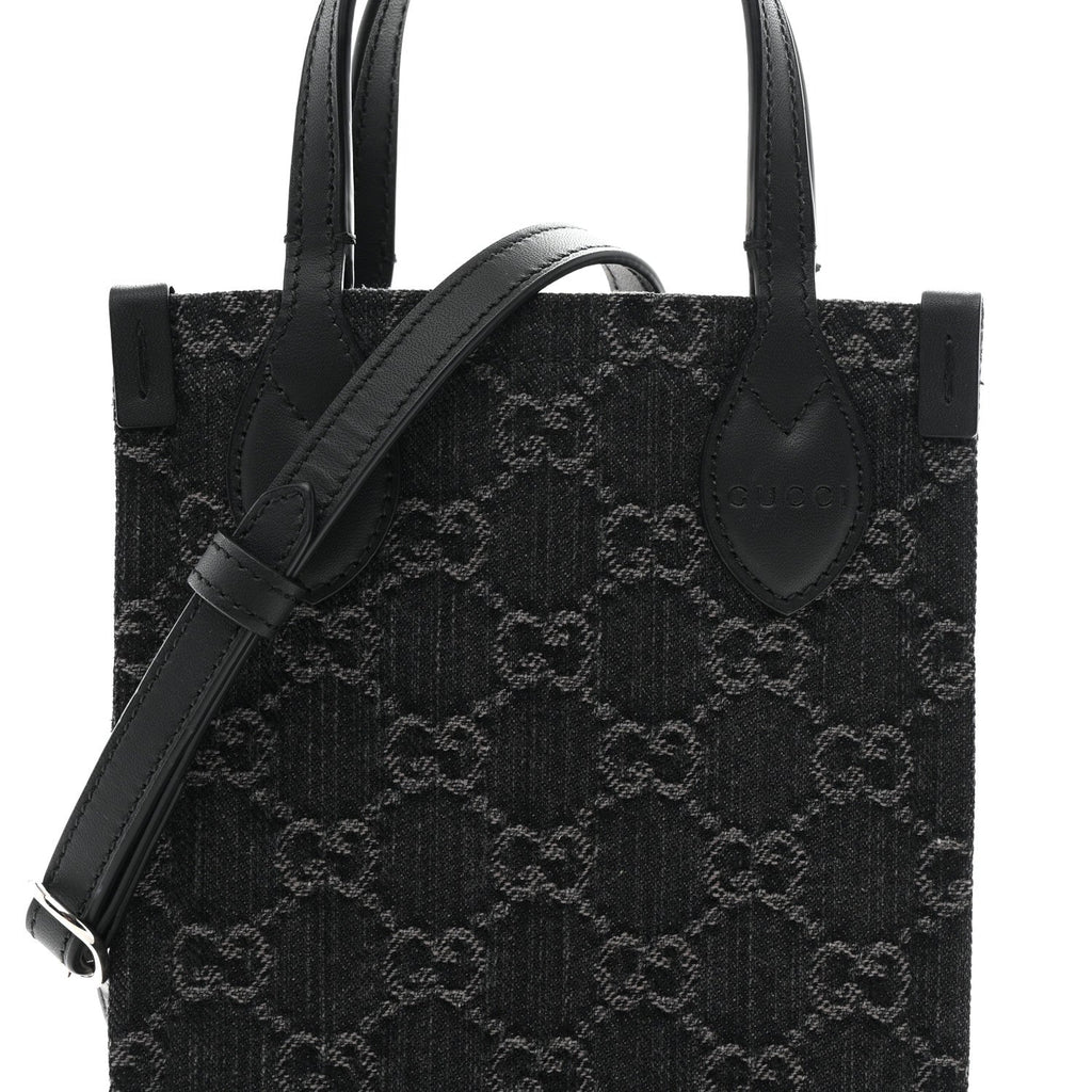 Denim Cuoio Harness GG Monogram Mini Ophidia Tote Bag Black Medium Grey
