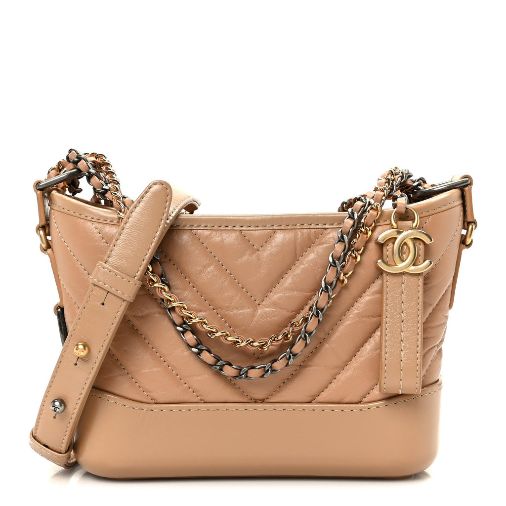 Aged Calfskin Chevron Quilted Small Gabrielle Hobo Beige