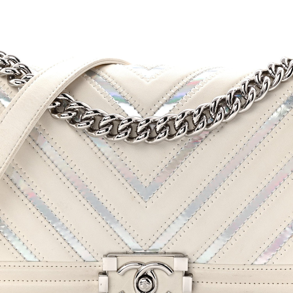 Lambskin Iridescent PVC Chevron Quilted Medium Boy Flap White Silver