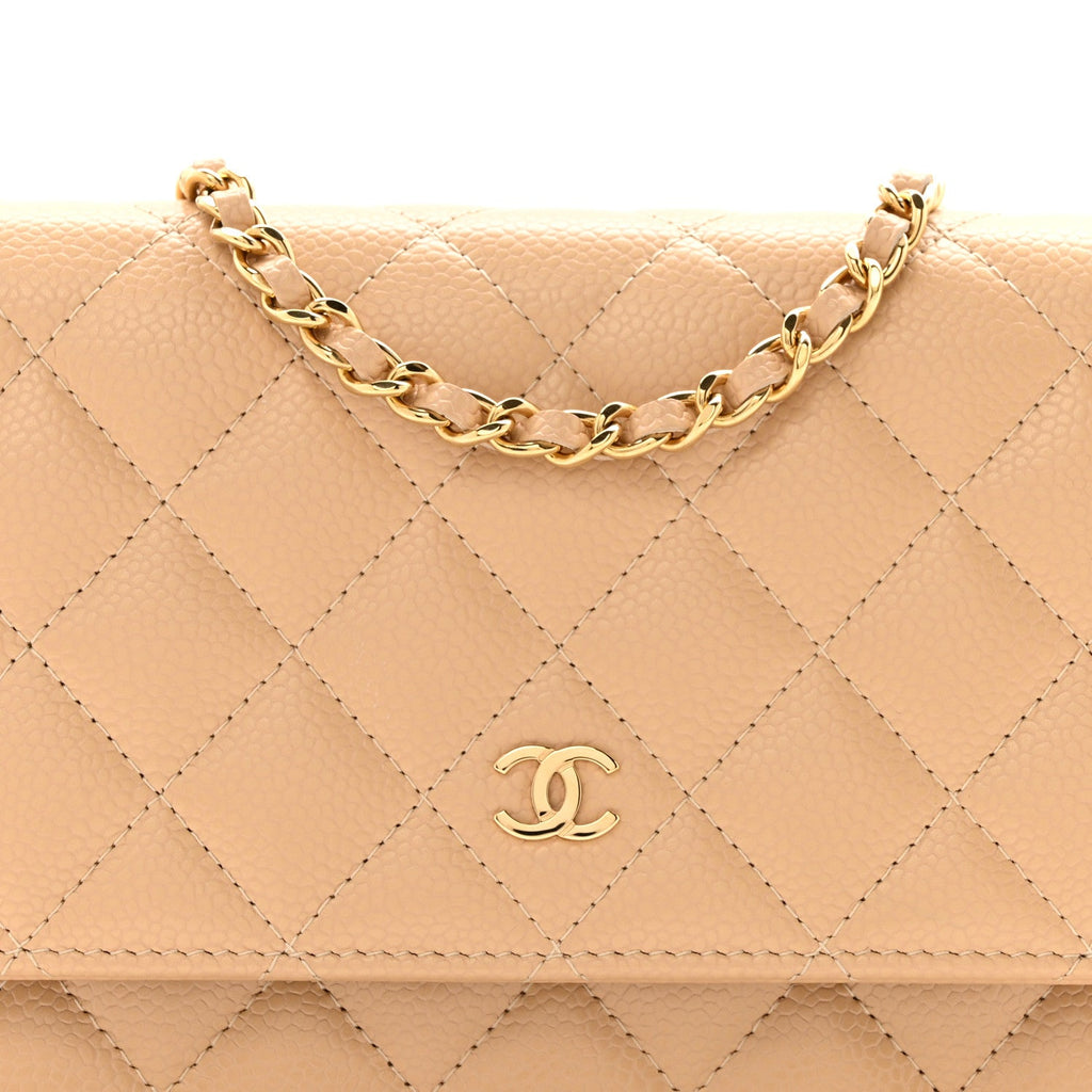 Caviar Quilted Wallet on Chain WOC Beige