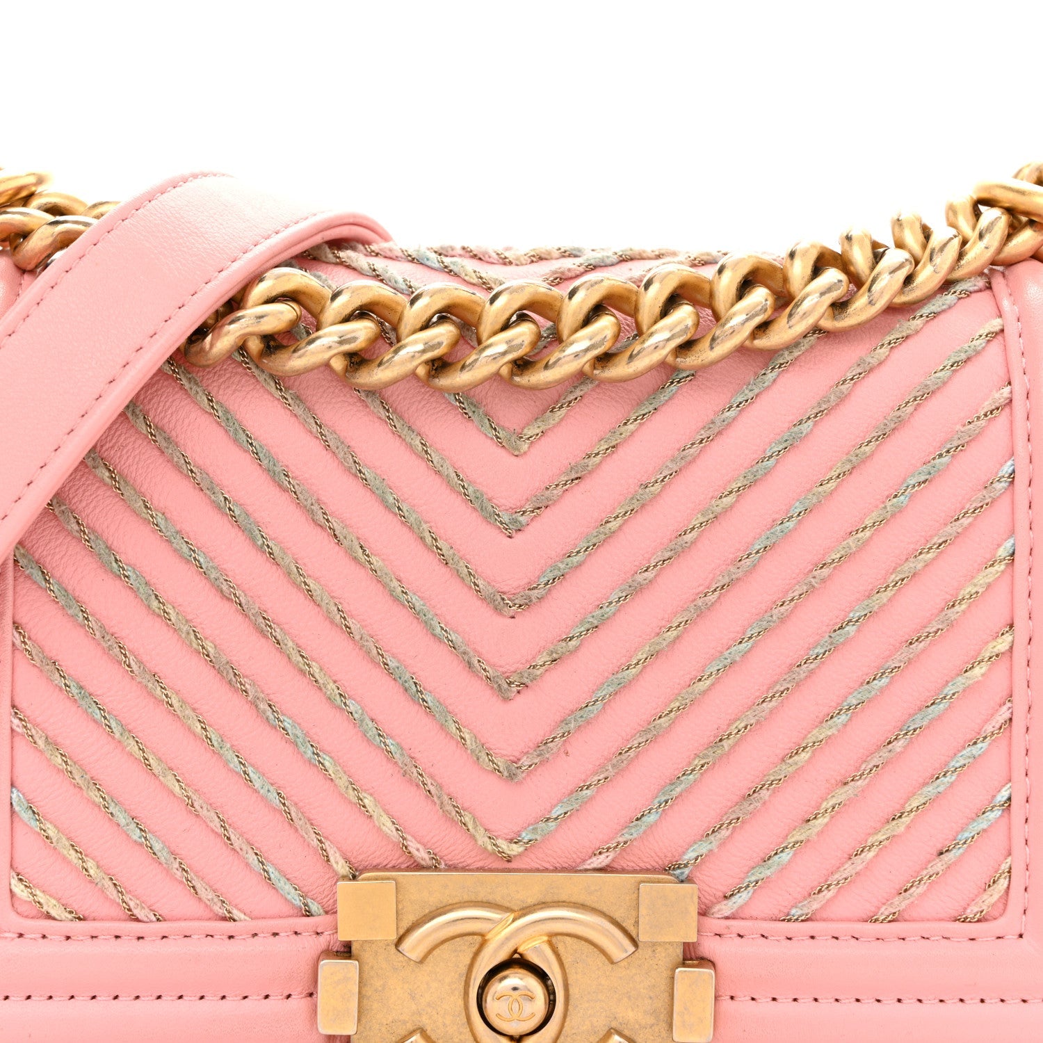 Calfskin Chevron Embroidered Small Boy By The Sea Flap Pink