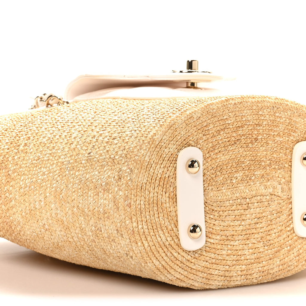 Raffia Braided Lambskin Small Shopping Tote Beige White