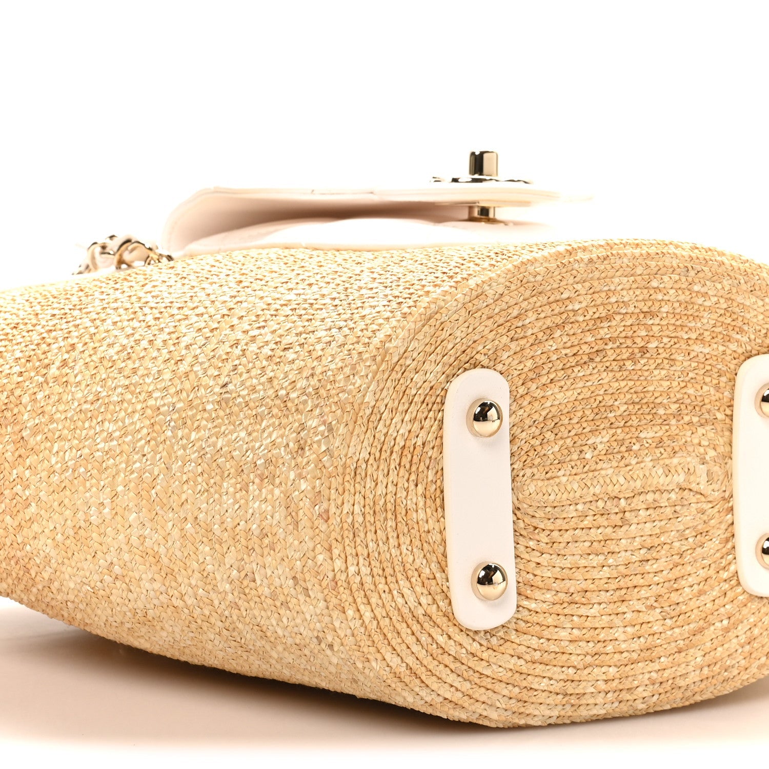 Raffia Braided Lambskin Small Shopping Tote Beige White