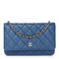 Iridescent Caviar Quilted Wallet on Chain WOC Dark Blue