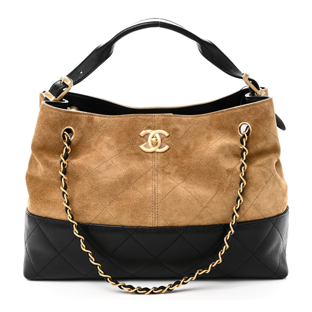 Suede Calfskin Shiny Lambskin Quilted Small Coco Base Shopping Bag Beige Black
