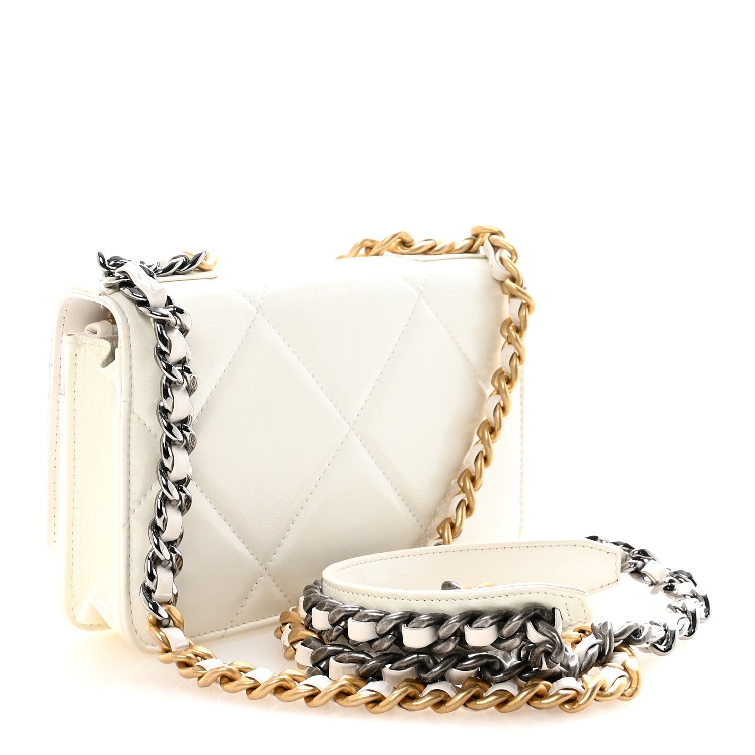 Shiny Crumpled Calfskin Quilted Chanel 19 Wallet On Chain WOC White