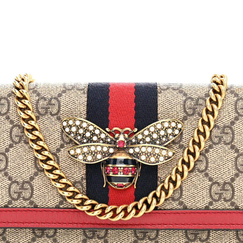 GG Supreme Monogram Web Queen Margaret Chain Wallet Red