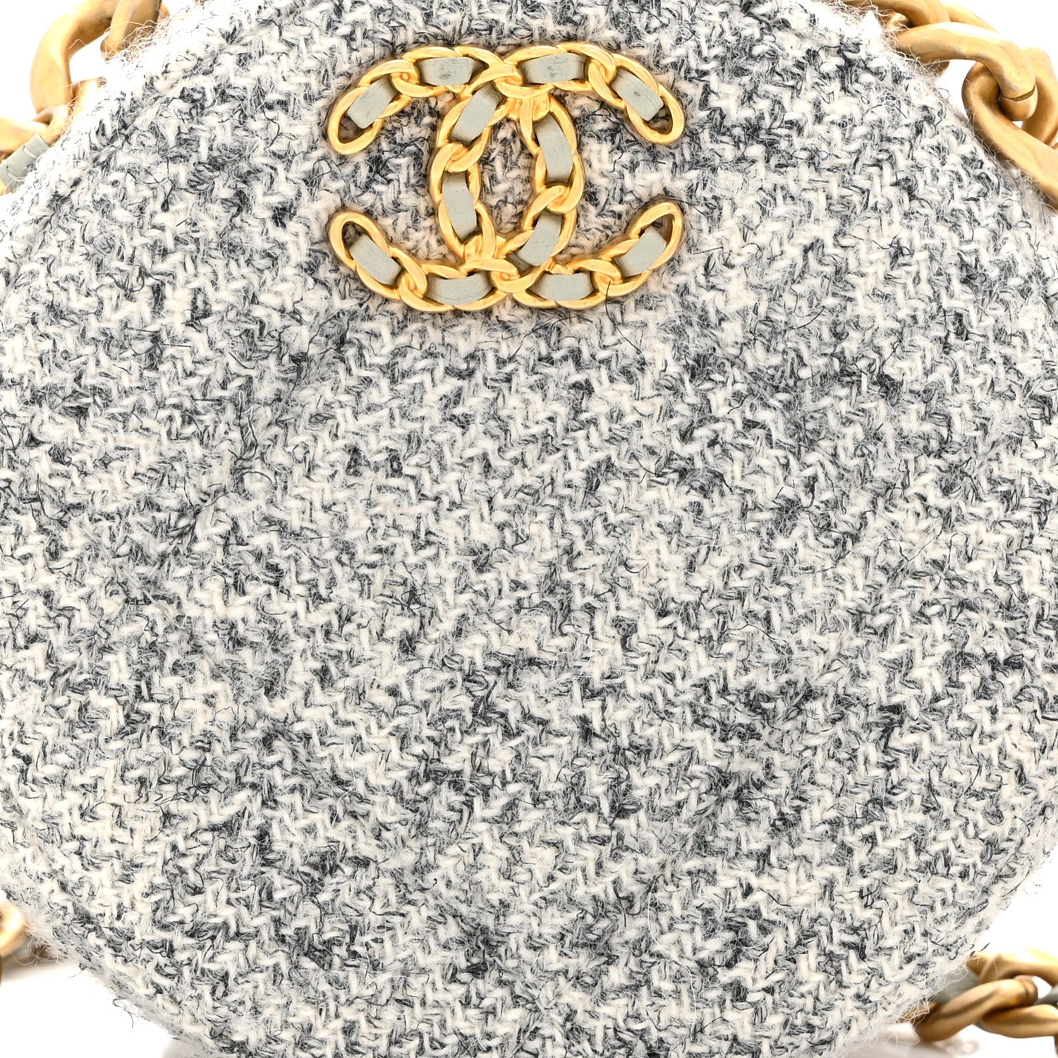 Wool Tweed Lambskin Quilted Chanel 19 Round Clutch With Chain Grey Ecru