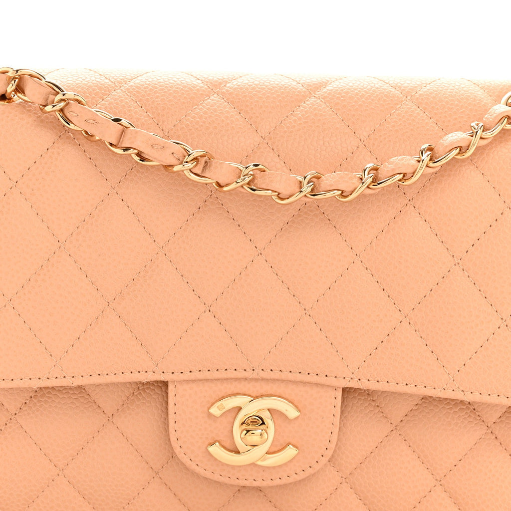 Caviar Quilted Medium Double Flap Beige Clair