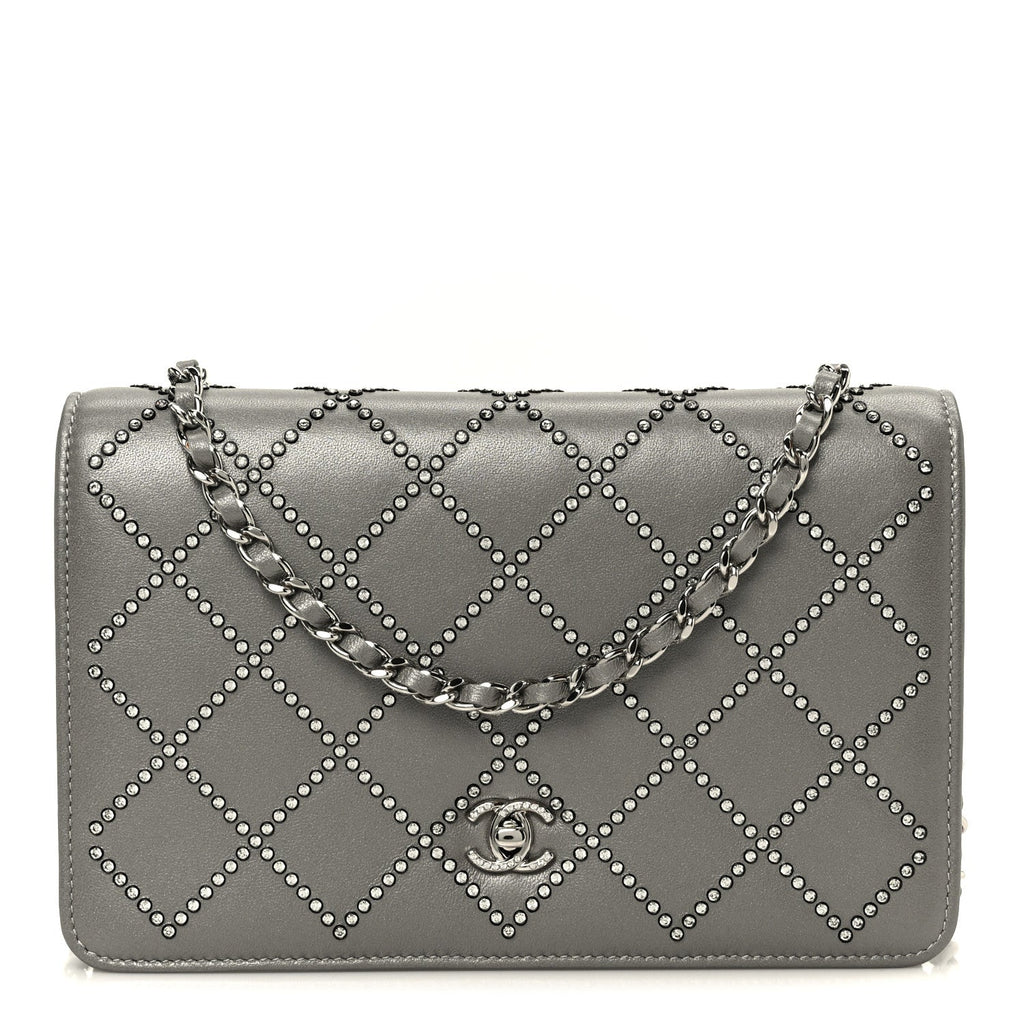Lambskin Crystal Quilted Wallet On Chain WOC Grey