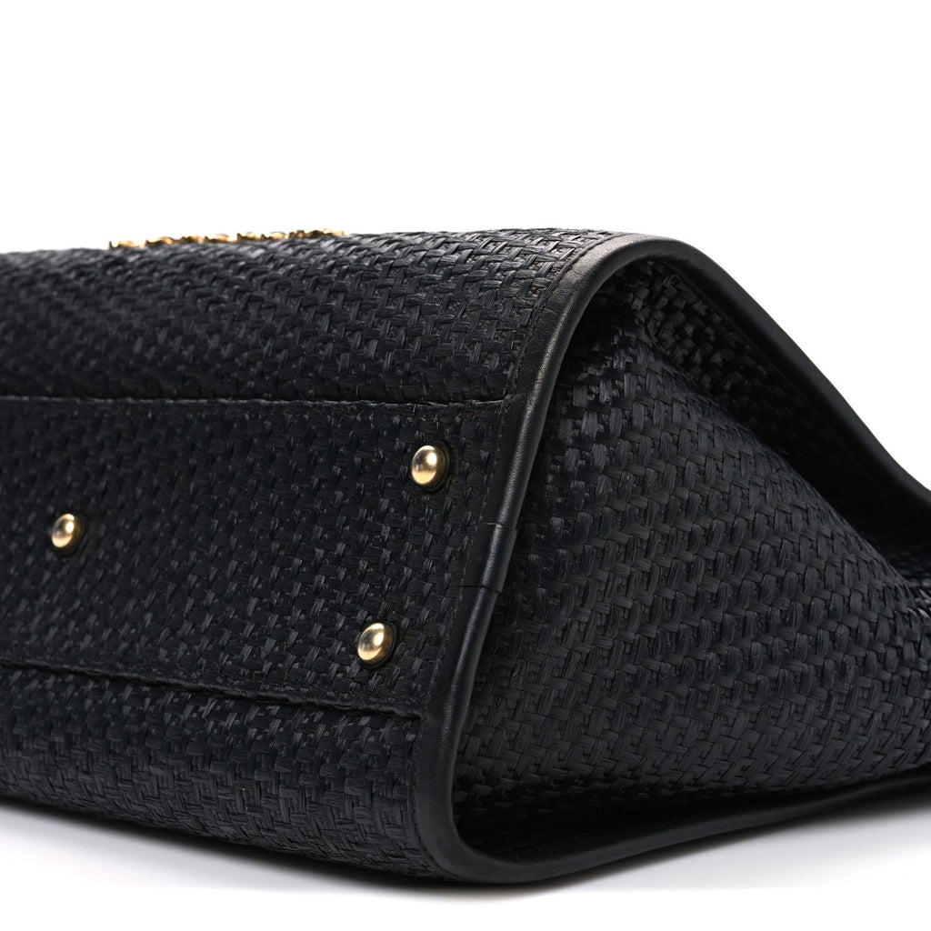 Straw Raffia Calfskin Chain Small Deauville Tote Black