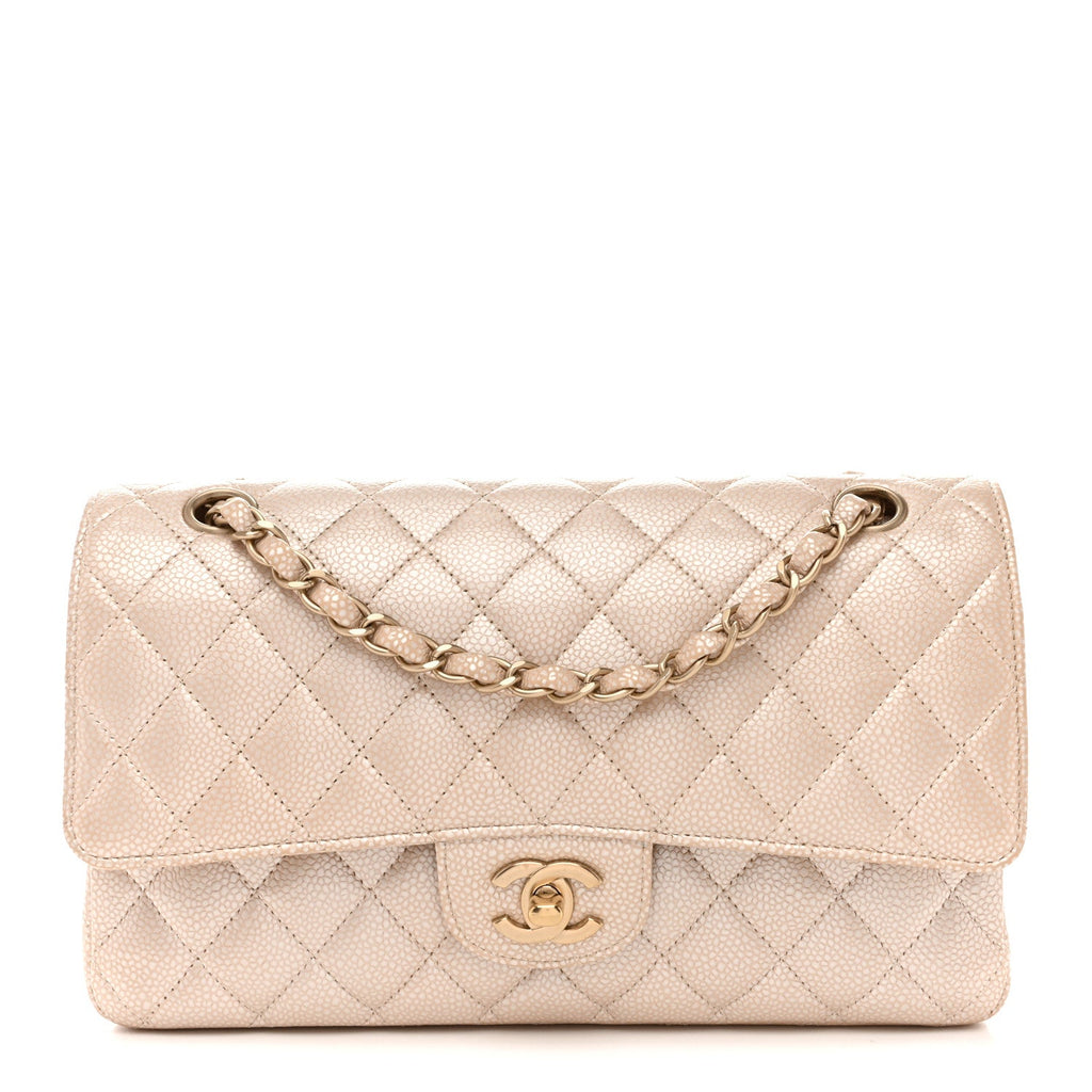 Pearly Caviar Quilted Medium Double Flap Light Beige