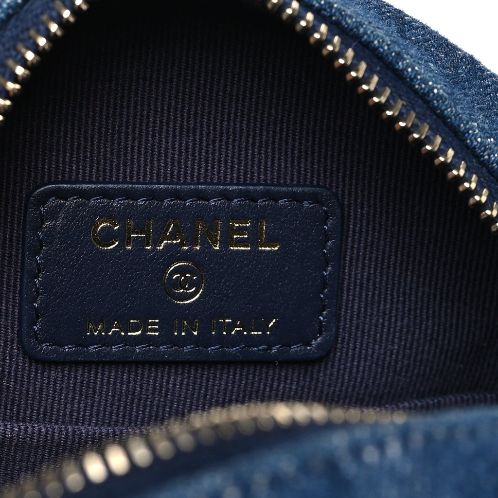 Denim Quilted Chanel 19 Round Clutch With Chain Blue