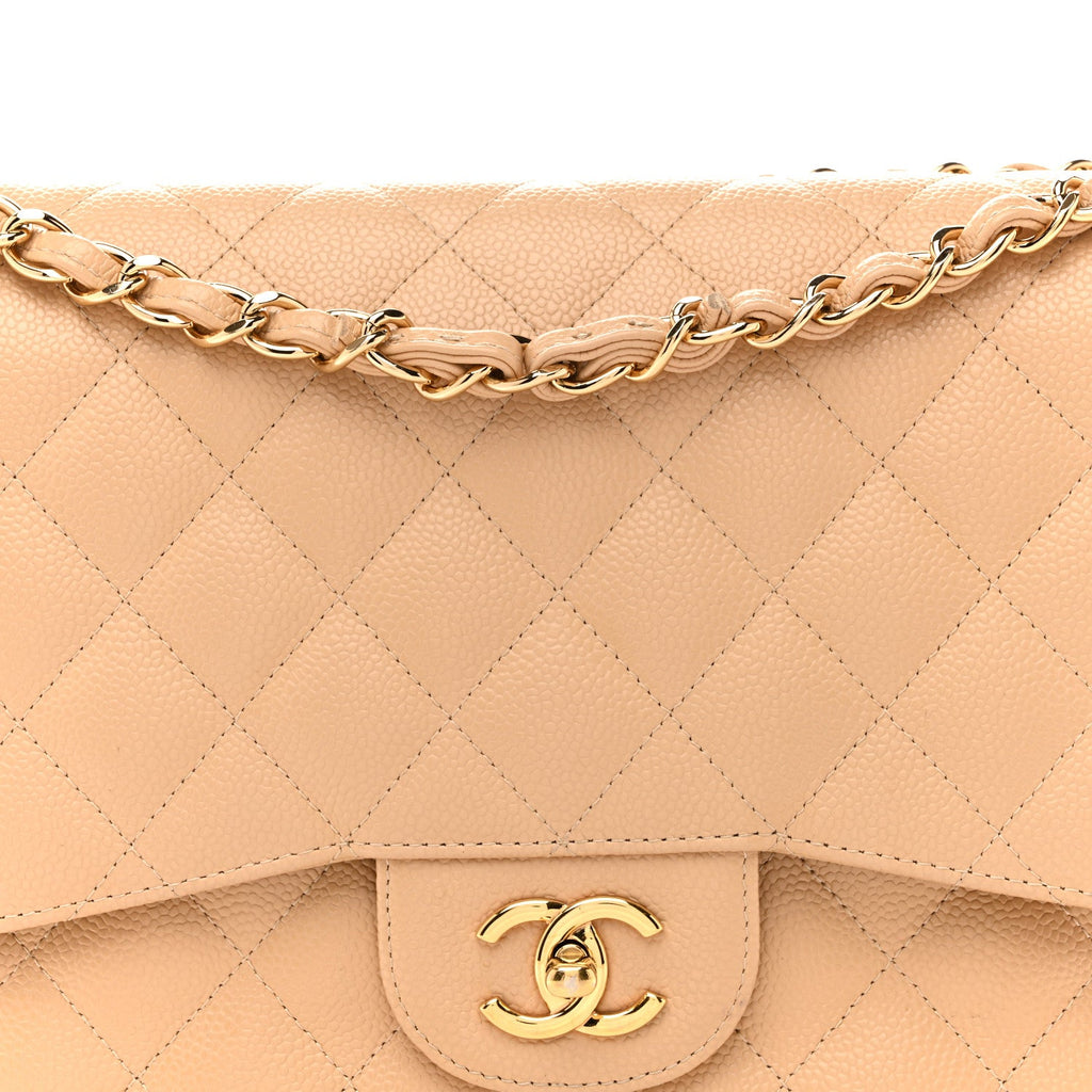 Caviar Quilted Jumbo Double Flap Beige