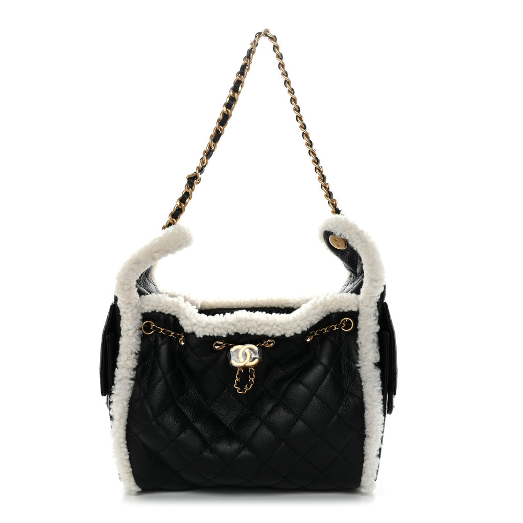 Crumpled Sheepskin Shearling Quilted Small Chanel 25 Handbag Black White