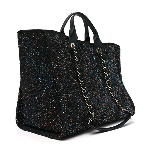 Calfskin Sequin Medium Deauville Tote Black