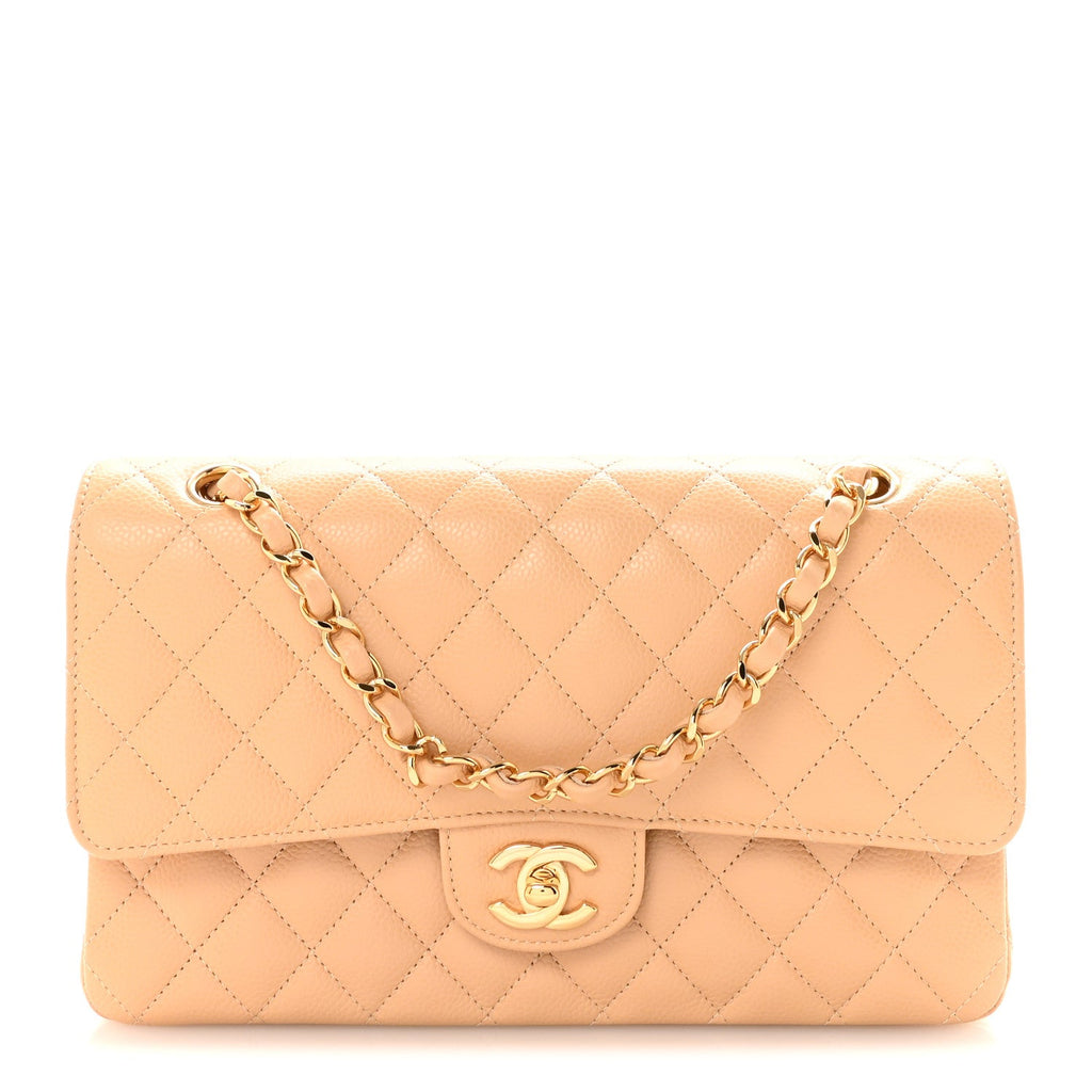 Caviar Quilted Medium Double Flap Beige