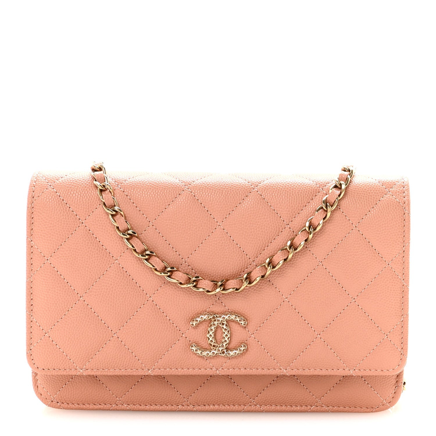 Caviar Quilted Perforated Metal CC Wallet On Chain WOC Beige