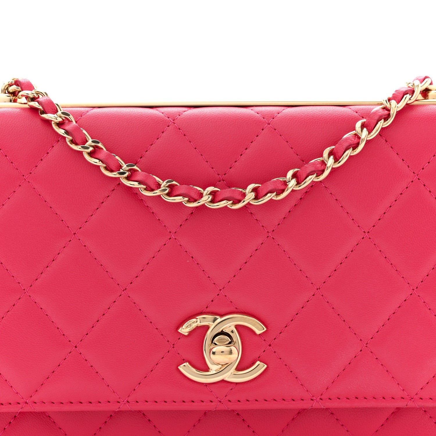 Lambskin Quilted Trendy CC Wallet On Chain WOC Dark Pink