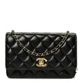 Shiny Lambskin Quilted CC Pearl Wallet on Chain WOC Black