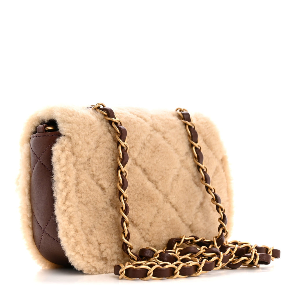 Shearling Lambskin Quilted Mini Furry Coco Flap Beige Brown