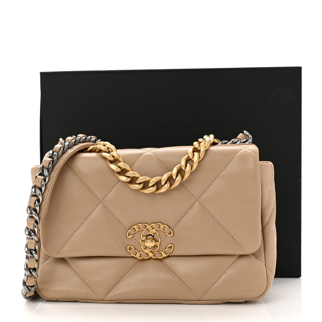 Lambskin Quilted Medium Chanel 19 Flap Dark Beige