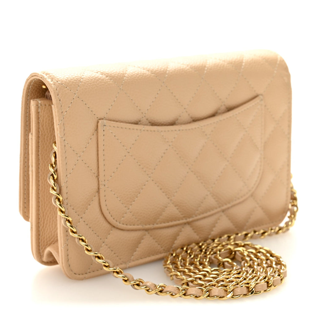 Caviar Quilted Wallet on Chain WOC Beige