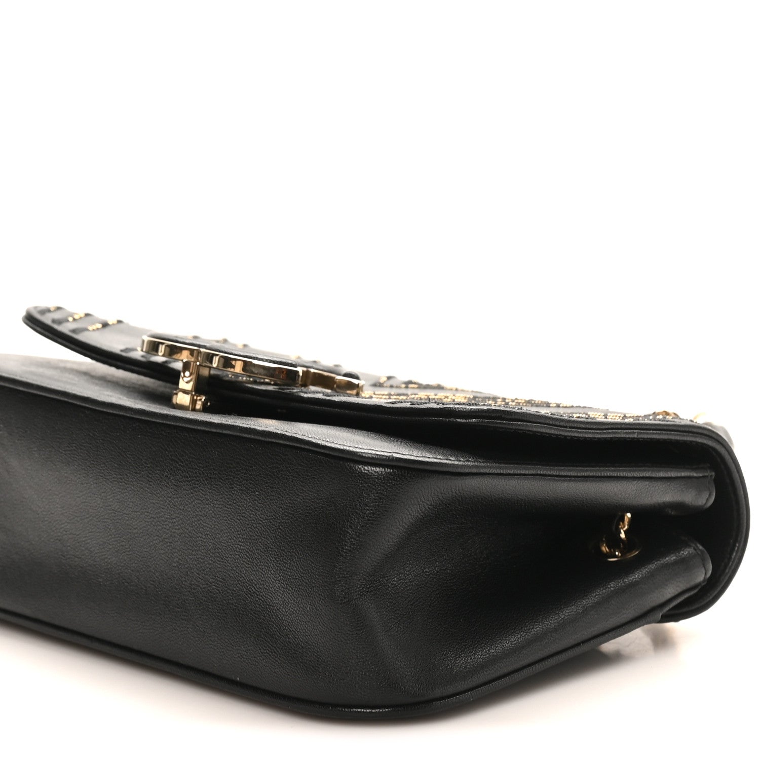 Calfskin Chevron Beaded Chain Mini Square Flap Black
