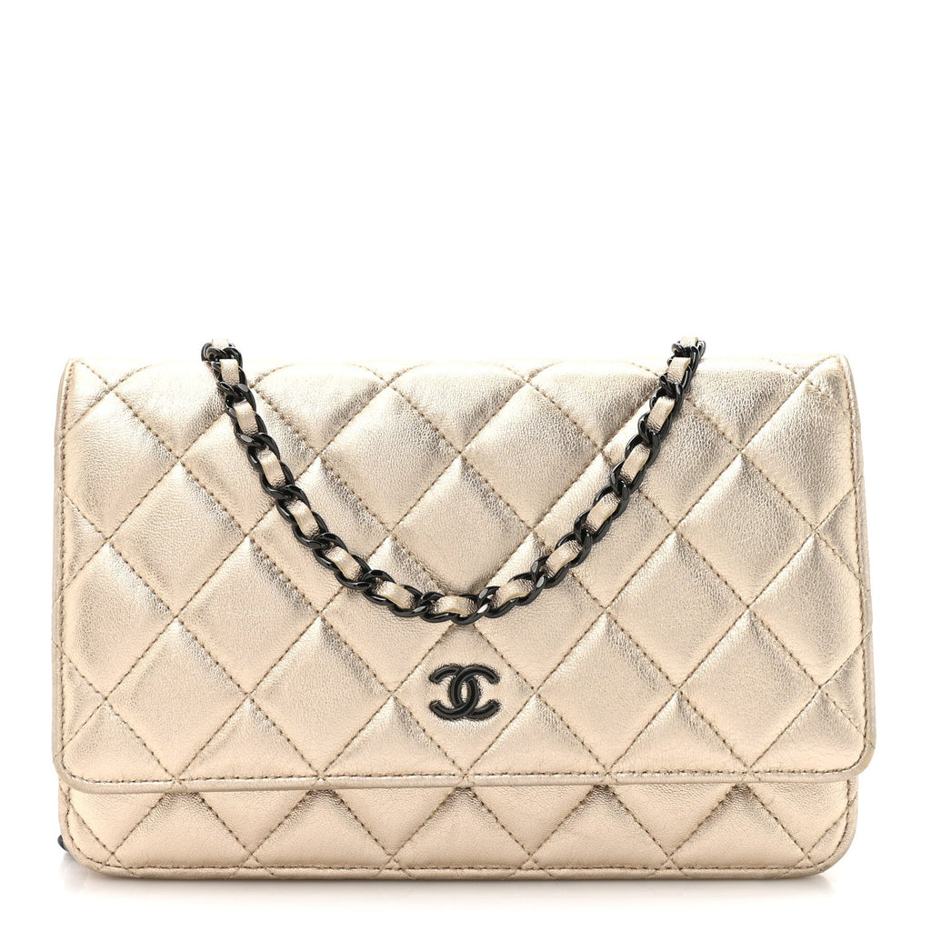 Metallic Lambskin Quilted Wallet On Chain WOC Gold Black