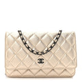 Metallic Lambskin Quilted Wallet On Chain WOC Gold Black