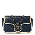 Vintage Effect Calfskin Matelasse Diagonal Super Mini Torchon GG Marmont Shoulder Bag Blue Agata Mystic White