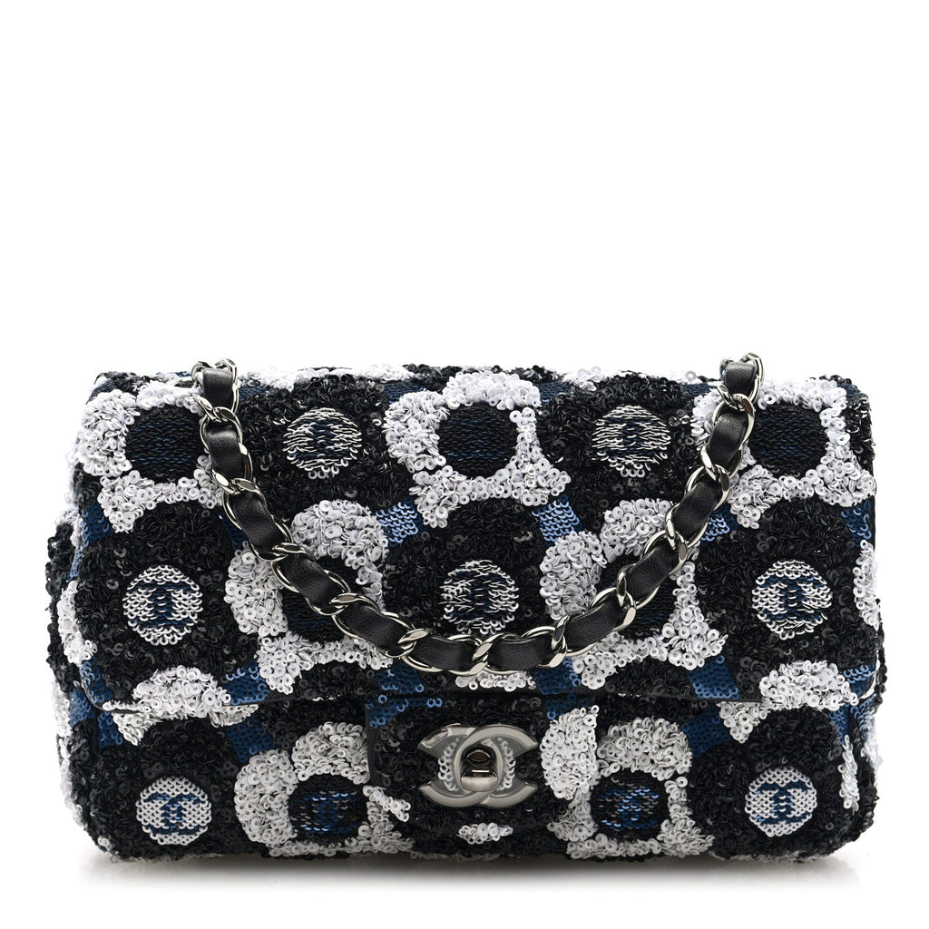 Satin Sequin Embellished Flower Mini Rectangular Flap Black White Blue